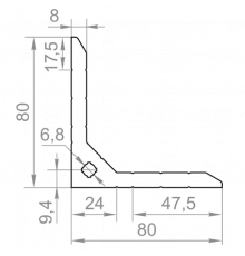 Equilateral aluminum corner 80x80x8 without coating